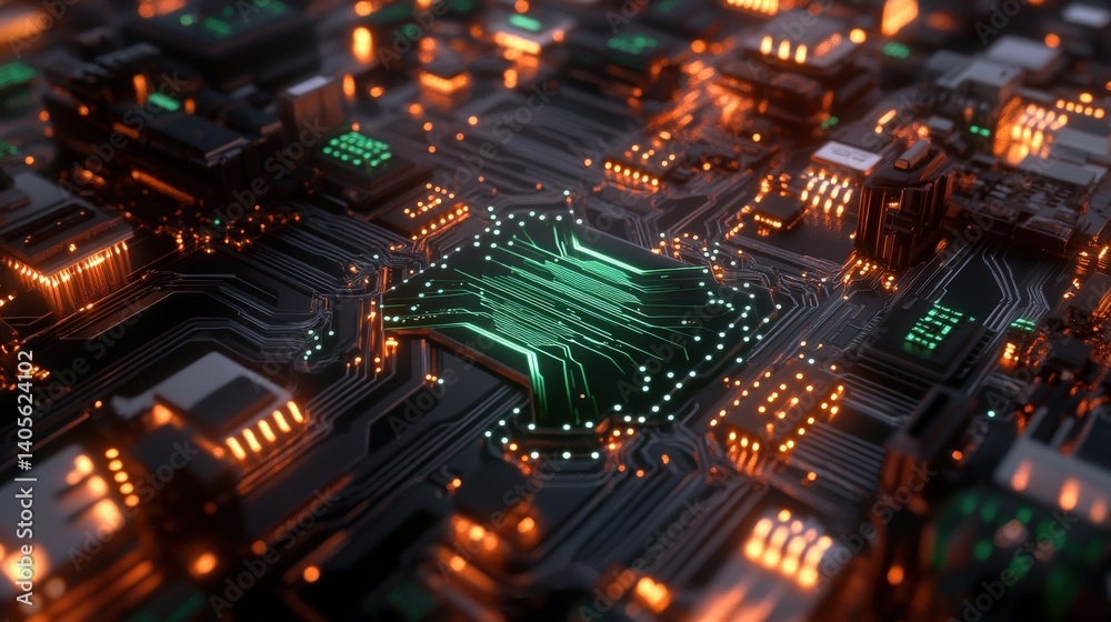 A macro view of a circuit board with glowing green and gold electric pathways forming an intricate tech-inspired design A macro view of a circuit board with glowing green and gold electric pathways forming an intricate tech-inspired design