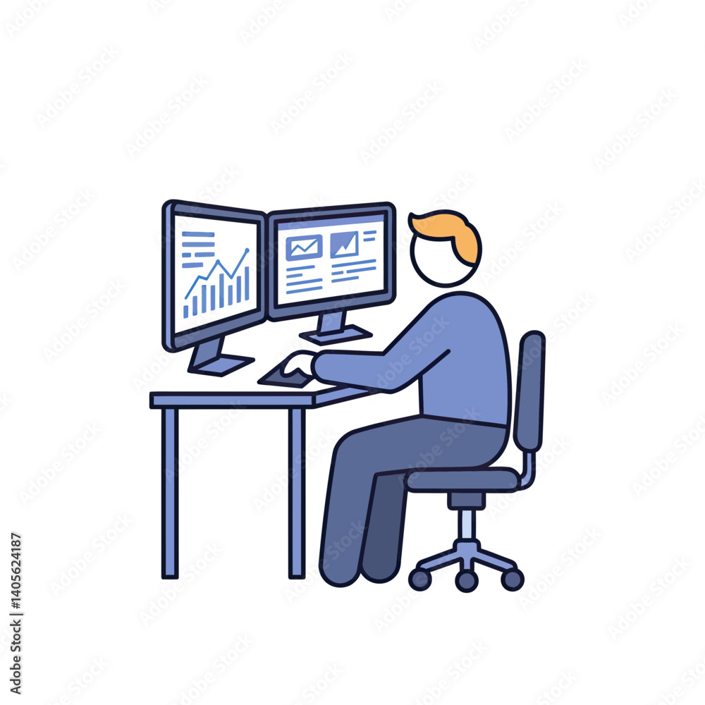 Analyst At Work: A man sits at his computer, analyzing data on a series of monitors. He is diligently working through the data, perhaps looking for patterns and trends, or conducting market research. Analyst At Work: A man sits at his computer, analyzing data on a series of monitors. He is diligently working through the data, perhaps looking for patterns and trends, or conducting market research.