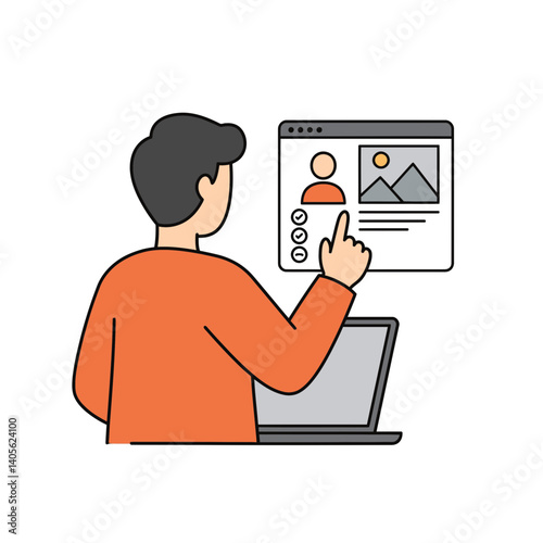 Online Profile Creation: A person sits at a laptop, interacting with an online profile page, focusing on image selection.  The illustration shows user-friendly interface elements.