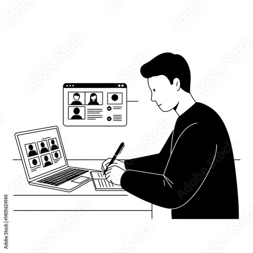 Online Collaboration: A modern illustration depicts a person intently participating in a virtual meeting, jotting down notes and engaging in online collaboration.