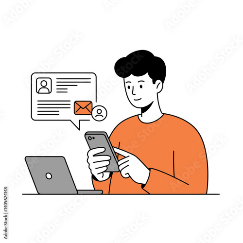 Man checking email notifications: A young man, sitting at his desk, checks his email notifications on his smartphone, while his laptop remains open behind him.
