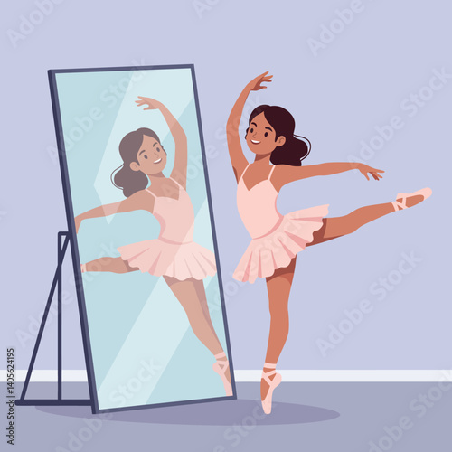 Young ballet dancer in a pink tutu practicing gracefully in front of a full-length mirror, showcasing a flat vector illustration of passion and dedication