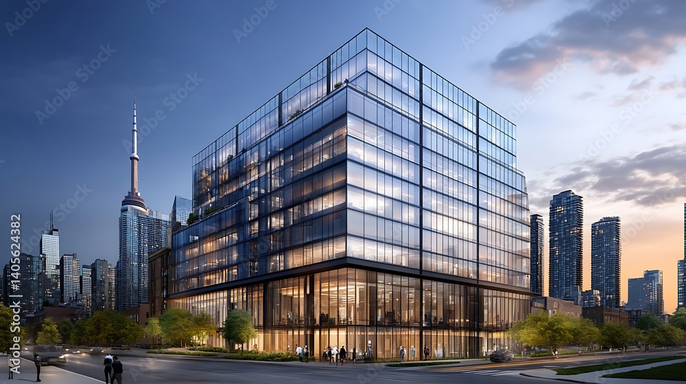 Fototapeta premium Lights from within modern office tower at twilight high resolution picture