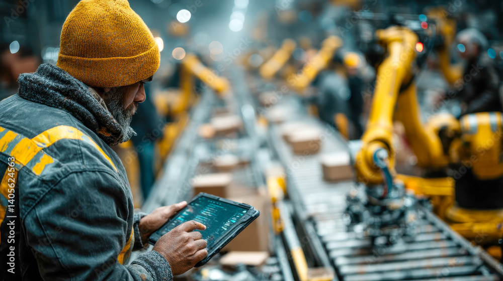 A focused warehouse worker in a beanie and yellow overalls checks inventory using a tablet, surrounded by organized yellow storage bins A focused warehouse worker in a beanie and yellow overalls checks inventory using a tablet, surrounded by organized yellow storage bins