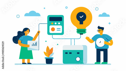 Illustration of people calculating monthly home expenses and tracking bills perfect for household budgeting financial advice and expense tracking designs