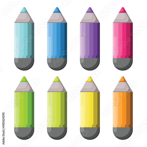 A set of colored wooden pencils with an eraser. Elements of drawing tools.