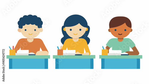 School children engaged in educational activities in a classroom setting representing learning teamwork and school themed content for education use