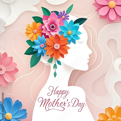 Modern Mother’s Day Illustration with Floral Profile and Soft Pastel Colors