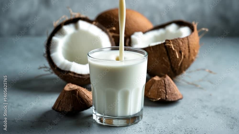 A glass of coconut milk accompanied by coconut chunks on a textured backdrop, showcasing a natural and nutritious drink.