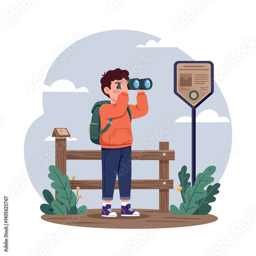 Young boy using binoculars to observe nature from a wooden lookout point in a flat vector illustration