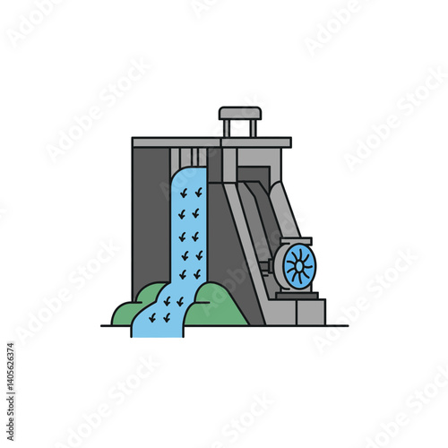 Hydroelectric Dam Power: Illustration of a detailed hydroelectric dam design, harnessing the powerful flow of water.