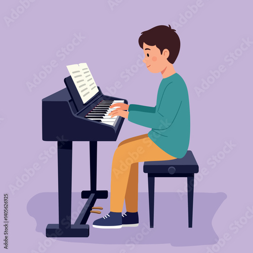 A young boy playing a piano in a cozy room with a purple background in a flat vector illustration