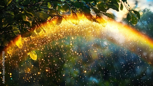 ethereal convergence of meteorological elements, where cascading raindrops dance with radiant sunlight, births a breathtaking kaleidoscope of optical phenomena known as a rainbow