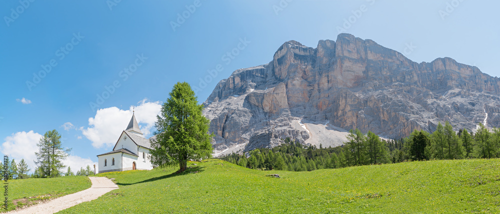 hiking destination Santa Croce church, Heiligkreuzkofel mountain mass, dolomites alps italy