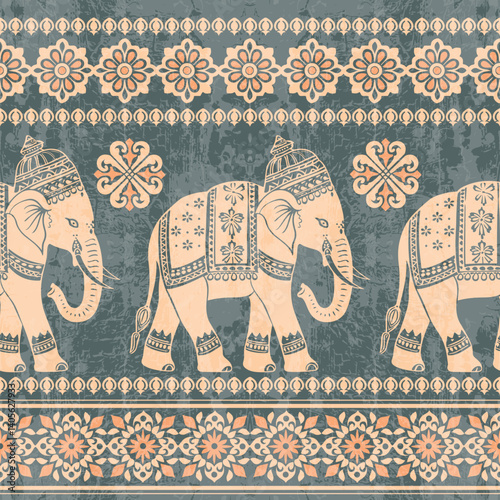 Seamless Pattern Tribal Ethnic indian Elephant pattern,Thai elephant, paisley and hamsa. Ethnic indian elephant background Hand drawn illustration. Wallpaper, cloth design, fabric, tissue, carpet