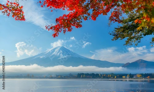 Beautiful autumn view of Mount Fuji with vibrant fall foliage beside calm lake