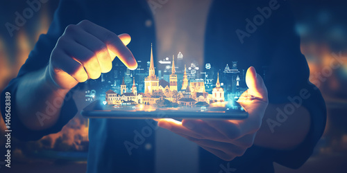 Obraz na płótnie Futuristic AR App Showing Digital Layers Over Urban Environment
w salonie