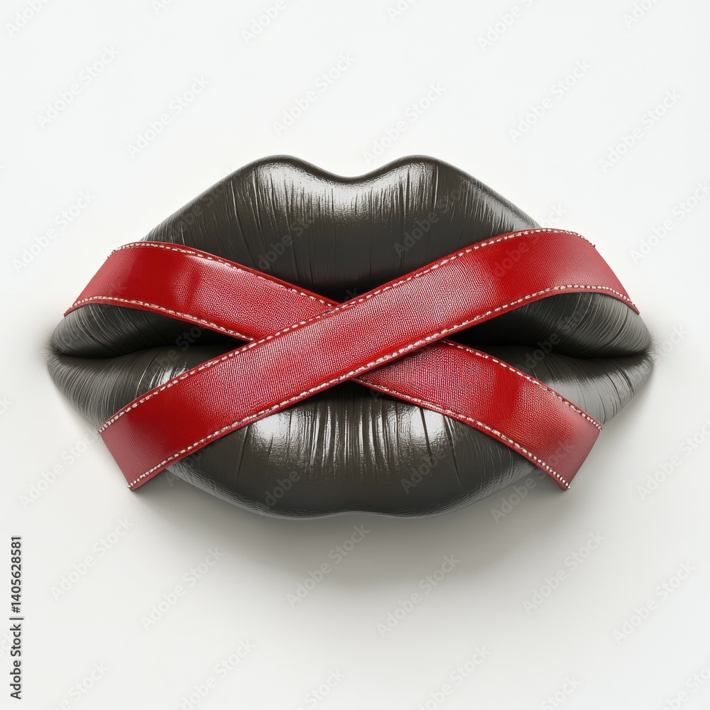 Expression of silence with a red ribbon across lips emphasizing themes of oppression and voicelessness Expression of silence with a red ribbon across lips emphasizing themes of oppression and voicelessness