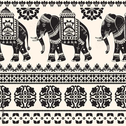 Seamless Pattern Tribal Ethnic indian Elephant pattern,Thai elephant, paisley and hamsa. Ethnic indian elephant background Hand drawn illustration. Wallpaper, cloth design, fabric, tissue, carpet