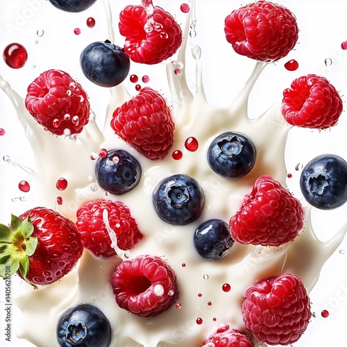 Milk or yogurt splash with fruits isolated on white background, 3d rendering