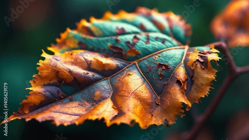 A leaf displaying decay with brown, wilted areas and a delicate texture. The previously vibrant hue has diminished.