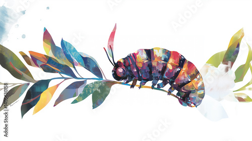 Vibrant watercolor depiction of a colorful caterpillar resting on a green leaf, set against a clean white background.