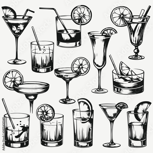 cocktails drinks set sketch illustration