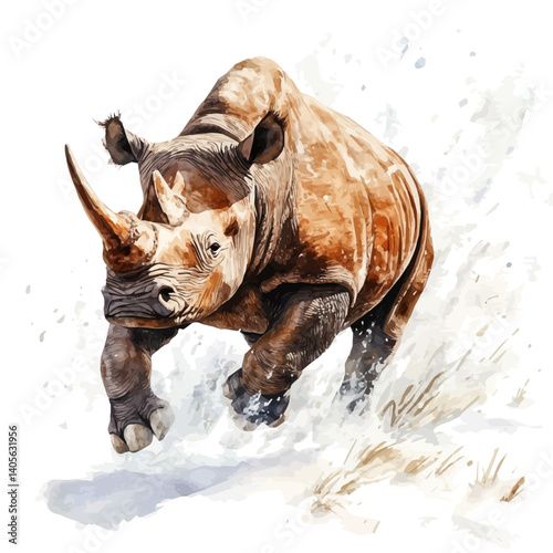 Woolly Rhinoceros Charging Across The Icy Plains, vector watercolor illustration, isolated on a white background.