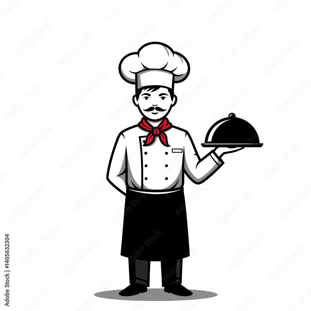 Chef and food service: A chef in traditional attire holds a covered serving dish, symbolizing culinary expertise and attentive food service.