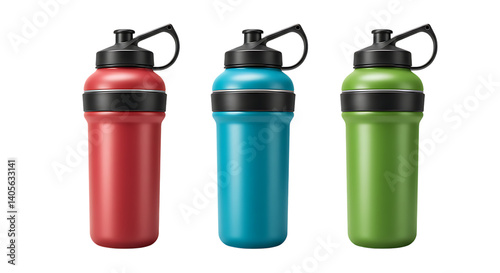 Three colorful water bottles placed neatly on a white background looking fresh, vibrant, and perfect for fitness, gym, travel, and daily hydration needs. photo