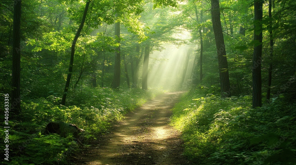 Fototapeta premium Forest path surrounded by lush green trees and sunlight streaming through the canopy