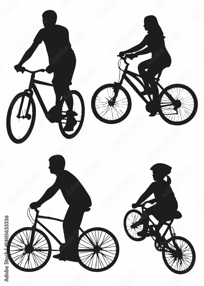 Fototapeta premium cyclist vector icon. collection of silhouettes of people cycling in different positions. bike, cycle, cyclist, ride, vector, bicycle, man, icon, people, illustration, woman, girl, boy, mountain