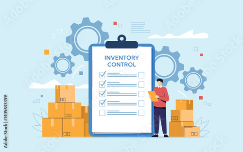 Inventory control illustration with tiny person clipboard checklist boxes gears flat infographic style pastel colors business logistics vector art