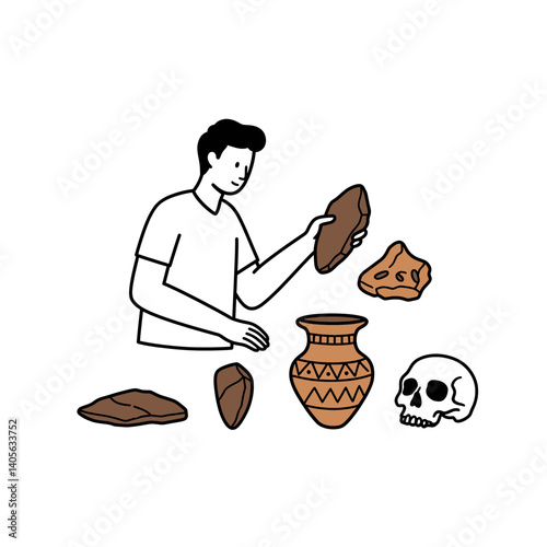 Archaeologist Examining Artifacts: An illustration of an archaeologist meticulously examining ancient artifacts, including pottery, stones, and a skull.