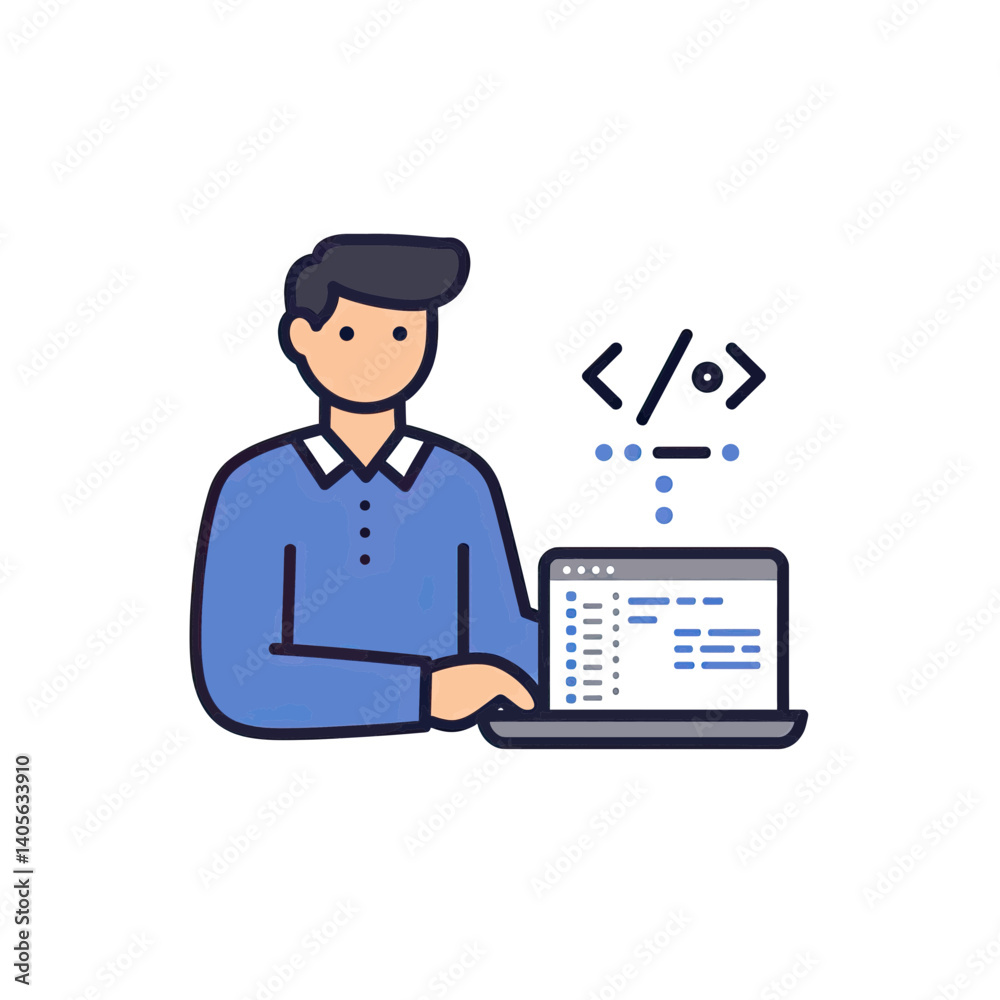 Programmer at Work: A focused programmer sits before a laptop, engrossed in coding. Clean lines and bright colors depict the modern world of software development. Programmer at Work: A focused programmer sits before a laptop, engrossed in coding. Clean lines and bright colors depict the modern world of software development.