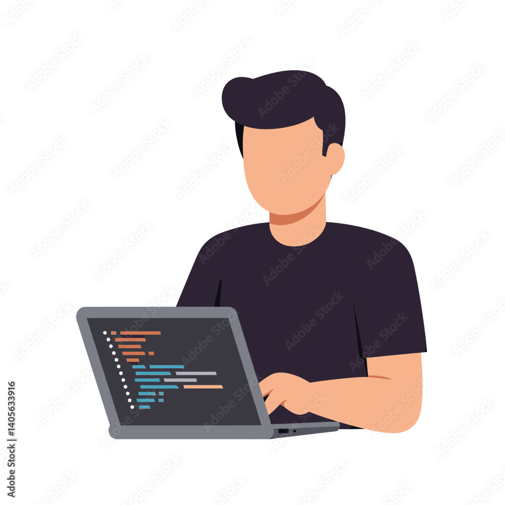 Coding at the Laptop: A modern programmer sits at a laptop, fingers deftly typing code, a modern illustration showcasing the world of software development. Coding at the Laptop: A modern programmer sits at a laptop, fingers deftly typing code, a modern illustration showcasing the world of software development.
