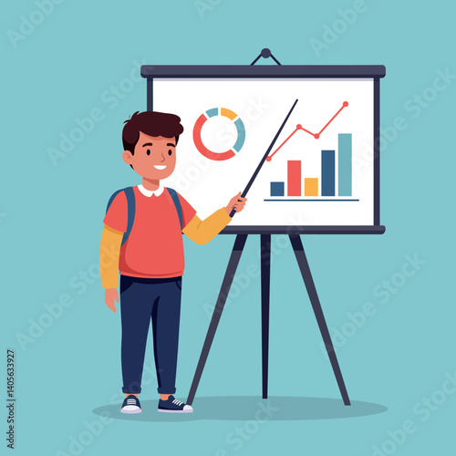 Young boy presenting a colorful chart on a presentation board in a flat vector illustration style showcasing enthusiasm and learning