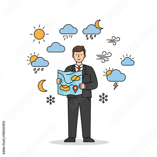 Planning for Every Weather: A businessman stands confidently, meticulously reviewing a detailed map with a focus on weather patterns. The illustration is surrounded by a variety of weather icons.