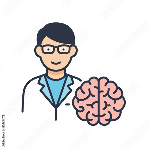 Brain Surgeon Icon: A cheerful illustration of a male surgeon standing confidently next to a brain icon, symbolizing expertise, knowledge, and the complex field of neurosurgery.  