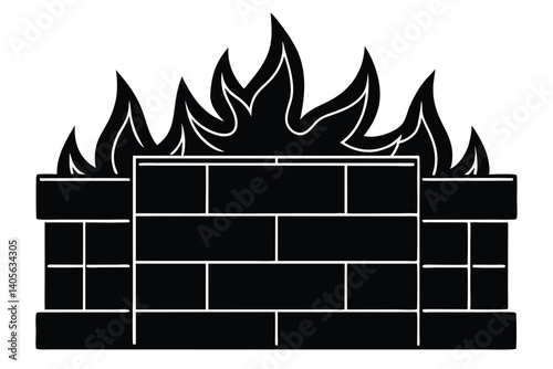 Drawing of a brick fireplace with flames flickering above the structure