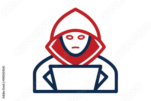 Stylized hooded figure using computer with red and blue line art