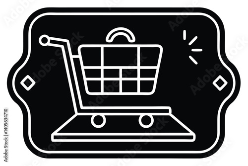 Stylized icon of a shopping cart on a decorative black background