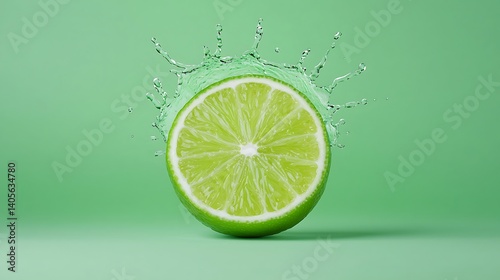 Fresh Lime Slice with Water Splash on Pastel Green Background, Vibrant Citrus Fruit Still Life Photography.