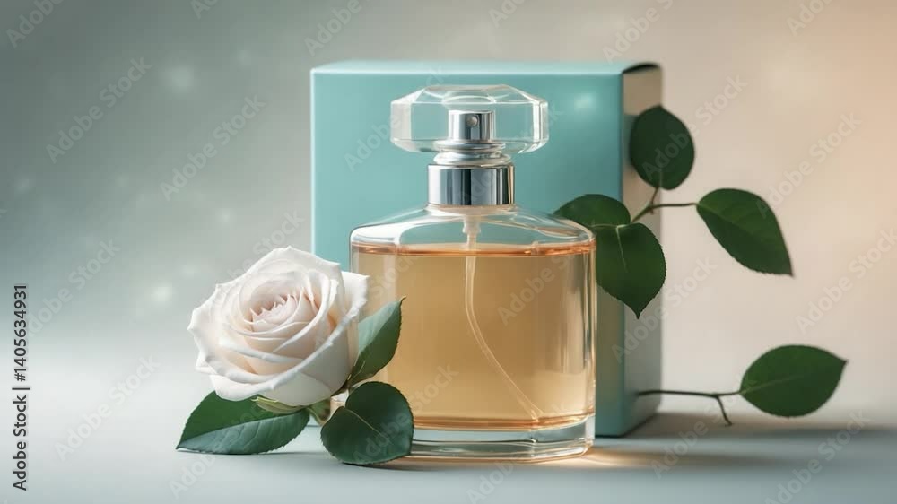 A perfume bottle made of glass featuring a rose and leaves in the background