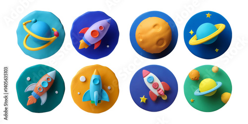 Colorful Playful Space Theme Illustration with Rockets and Planets, isolated on transparent background