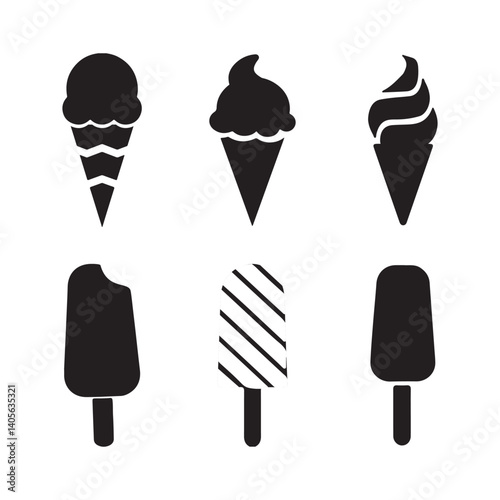 Ice Cream and Popsicle Icon Set, Black and White Ice Cream Cone and Popsicle Silhouette Collection