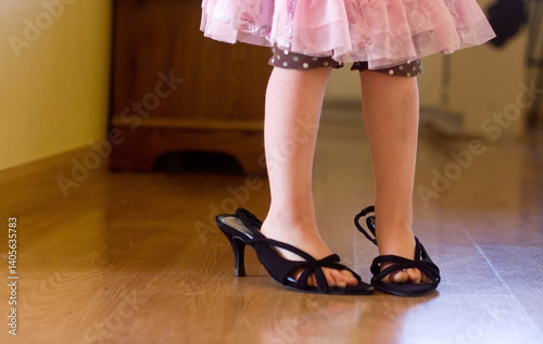 Close-up of a young girl wearing a tutu and her mother's high heel shoes photo