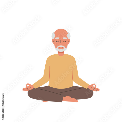 Senior Man Meditating: A serene elderly man with a gray beard sits in a lotus position, eyes closed, deeply meditating.  The illustration showcases peace and mindfulness.