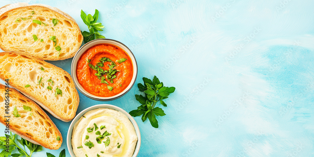 High-Angle View of Bread and Plant-Based Dips in a Gourmet Setting
