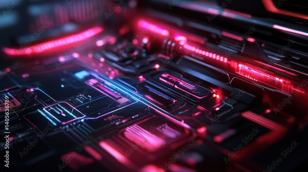 A sleek visualization of a futuristic gaming PC setup with RGB lighting illuminating the hardware components A sleek visualization of a futuristic gaming PC setup with RGB lighting illuminating the hardware components